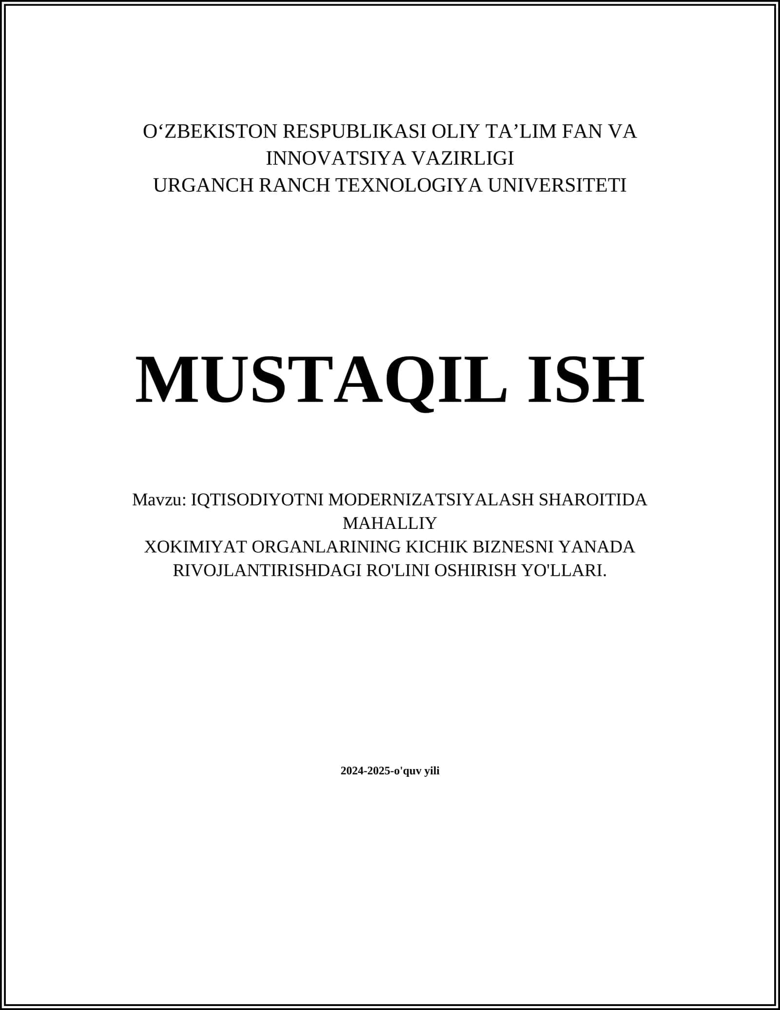 IQTISODIYOTNI MODERNIZATSIYALASH SHAROITIDA MAHALLIY