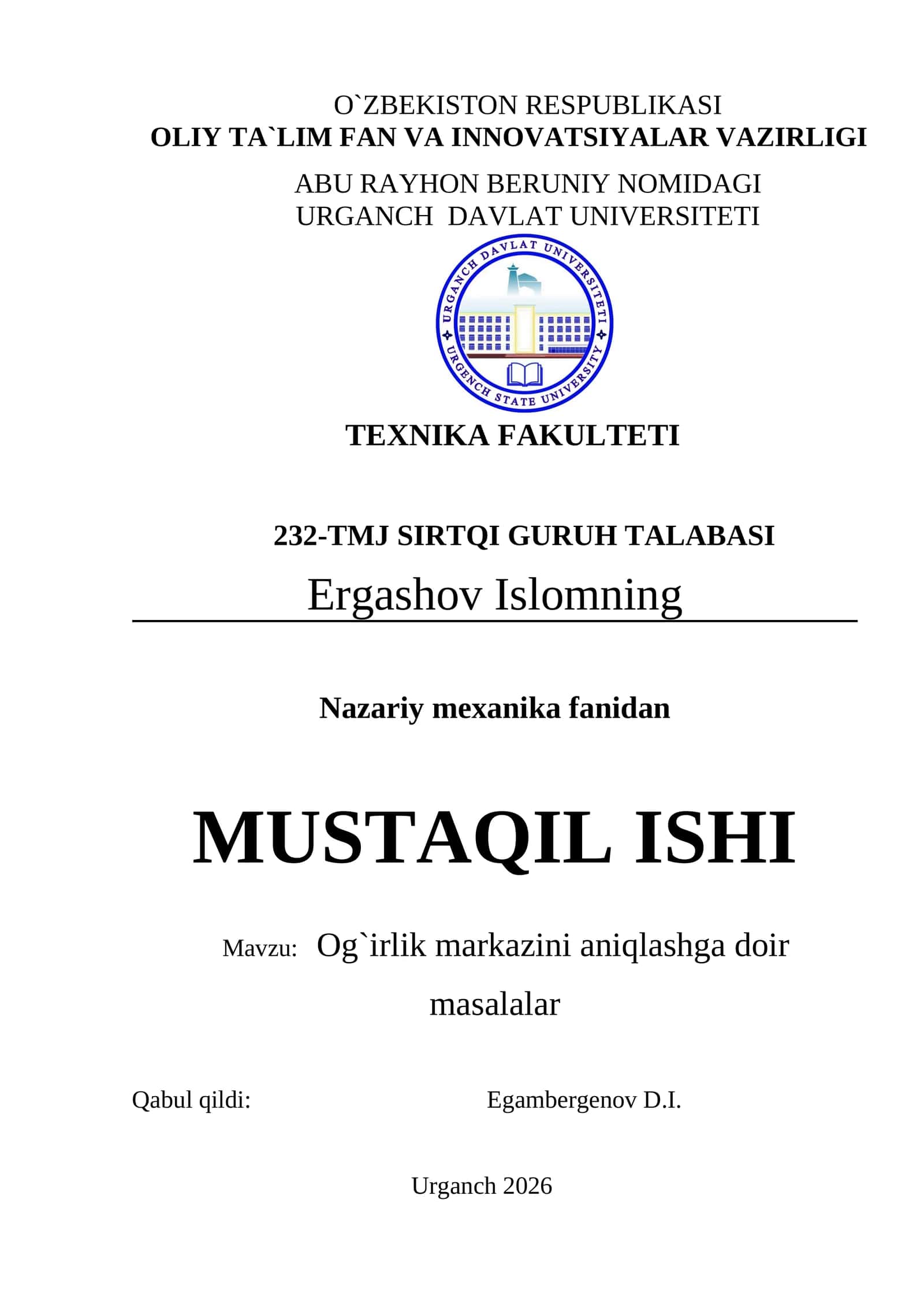 Og`irlik markazini aniqlashga doir masalalar