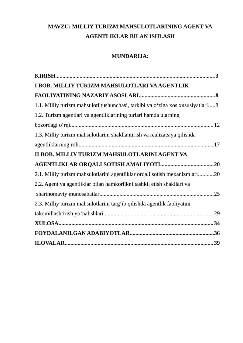 MILLIY TURIZM MAHSULOTLARINING AGENT VA AGENTLIKLAR BILAN ISHLASH