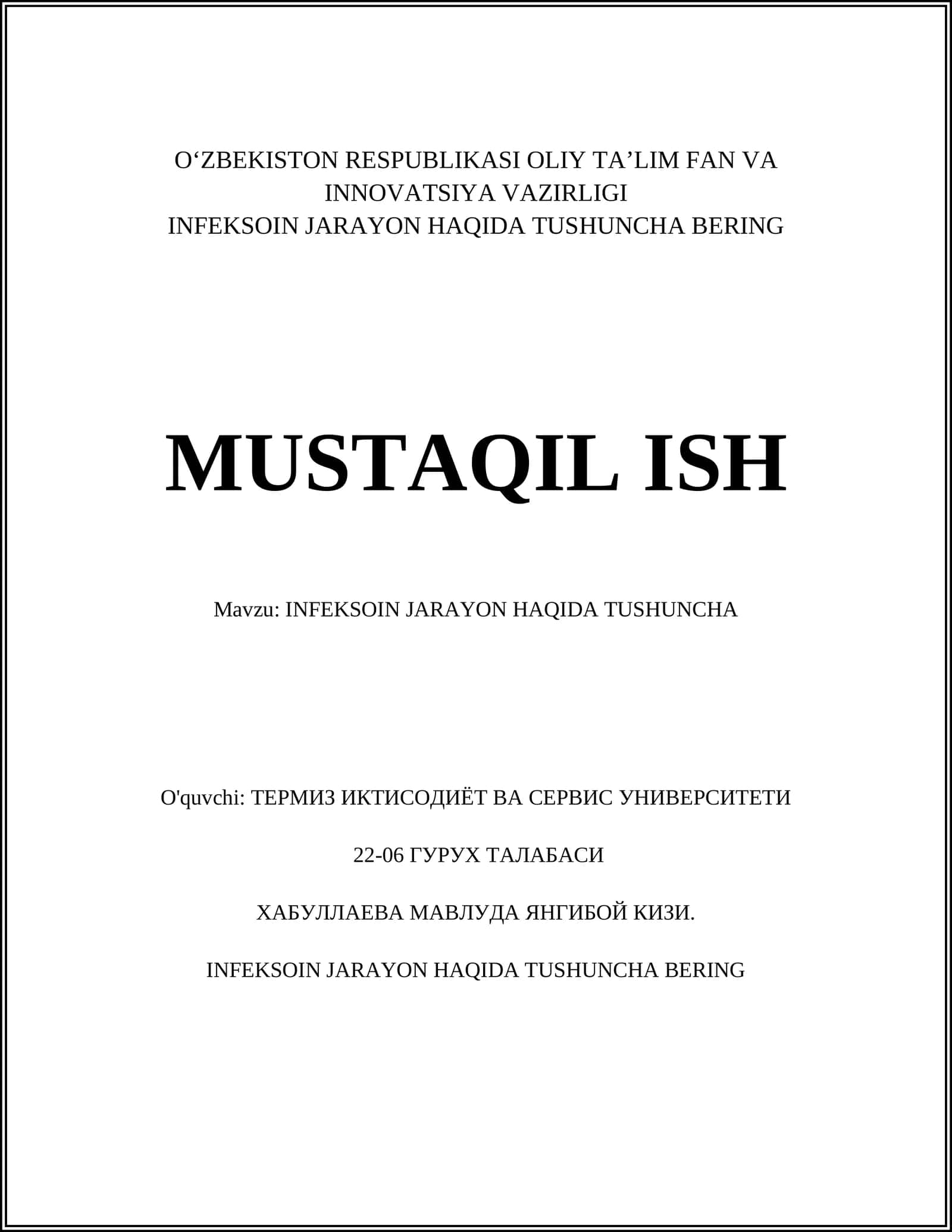 INFEKSOIN JARAYON HAQIDA TUSHUNCHA
