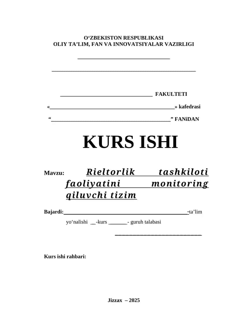 Rieltorlik tashkiloti faoliyatini monitoring qiluvchi tizim