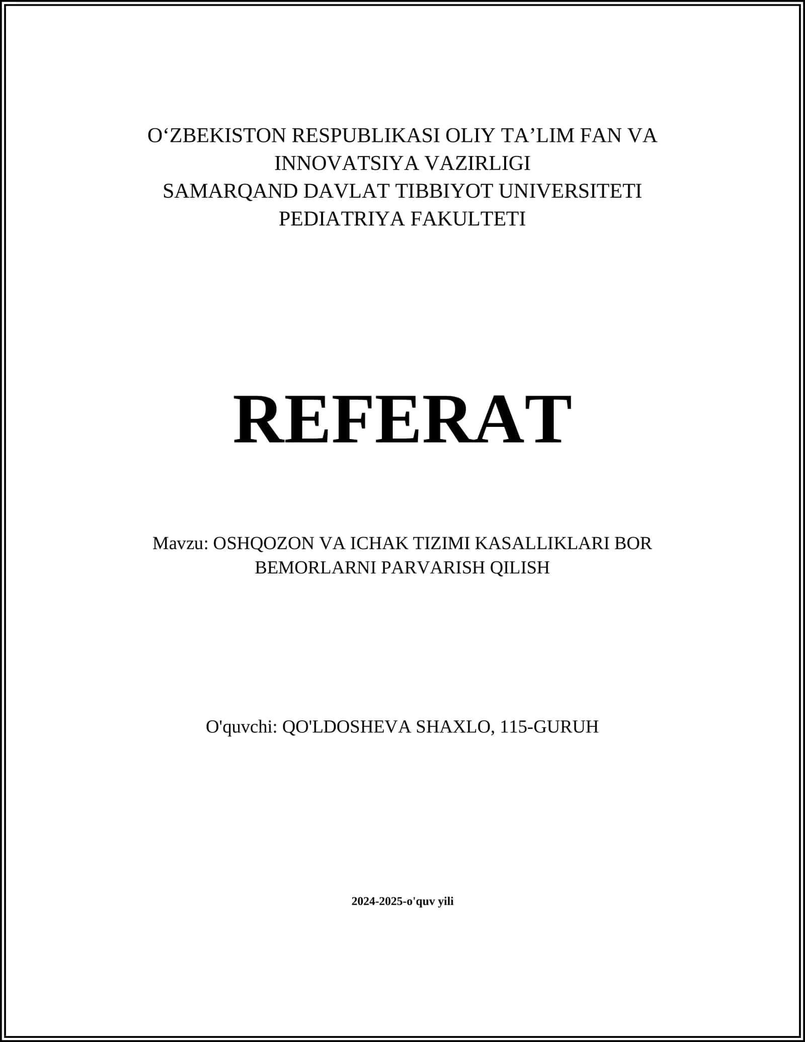 Oshqozon va Ichak Tizimi Kasalliklari Bor Bemorlarni Parvarish Qilish