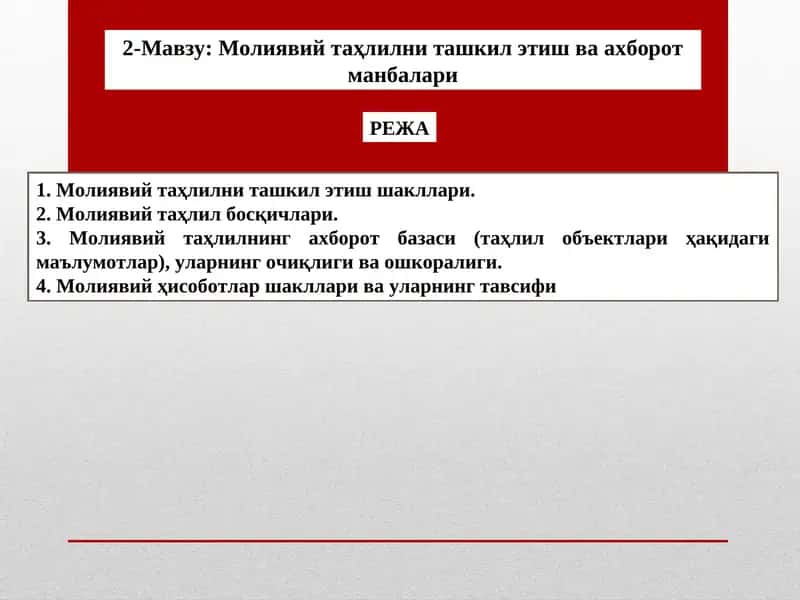 Молиявий таҳлилни ташкил этиш ва ахборот манбалари