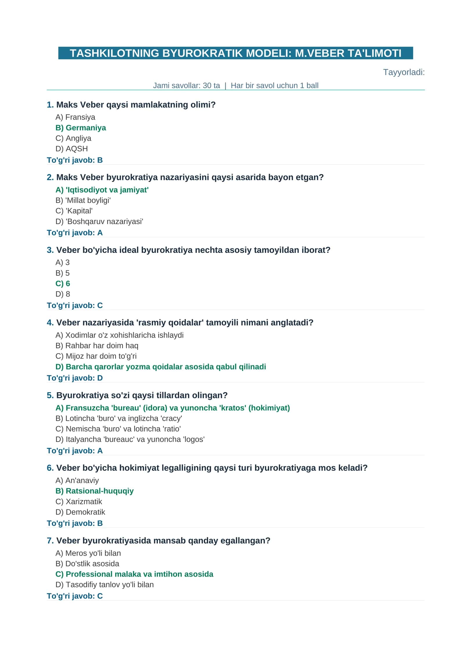 TASHKILOTNING BYUROKRATIK MODELI: M.VEBER TA'LIMOTI