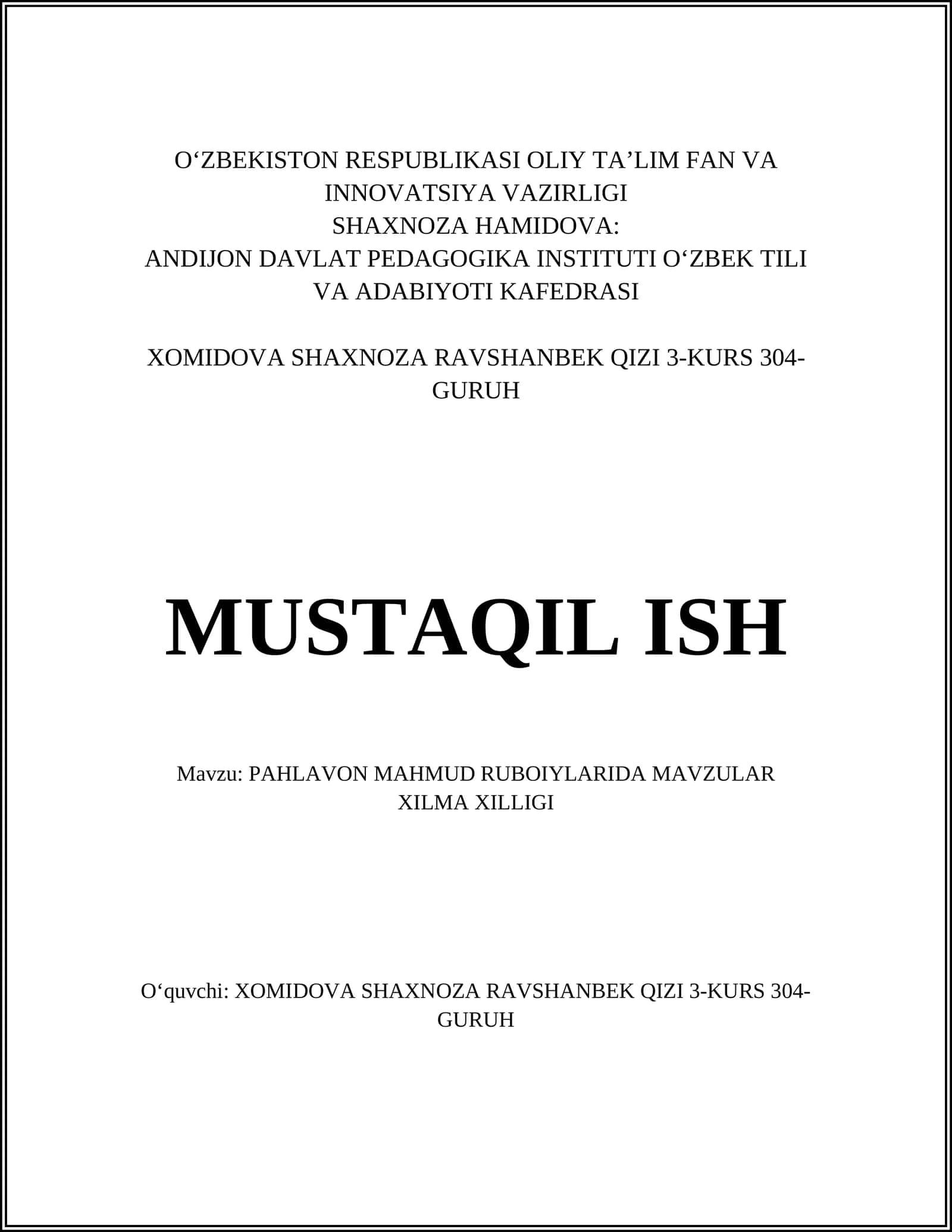 PAHLAVON MAHMUD RUBOIYLARIDA MAVZULAR XILMA XILLIGI