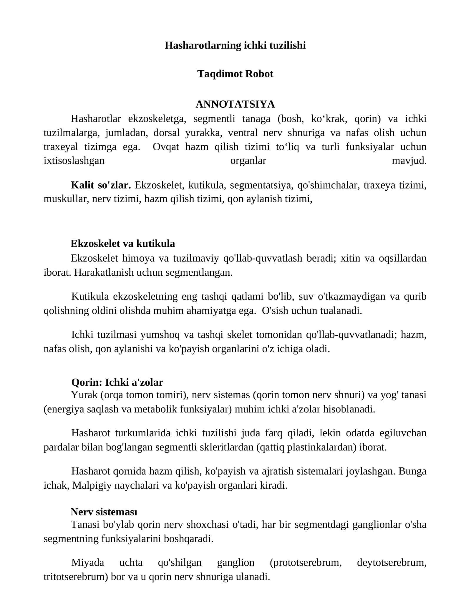 Hasharotlarning ichki tuzilishi