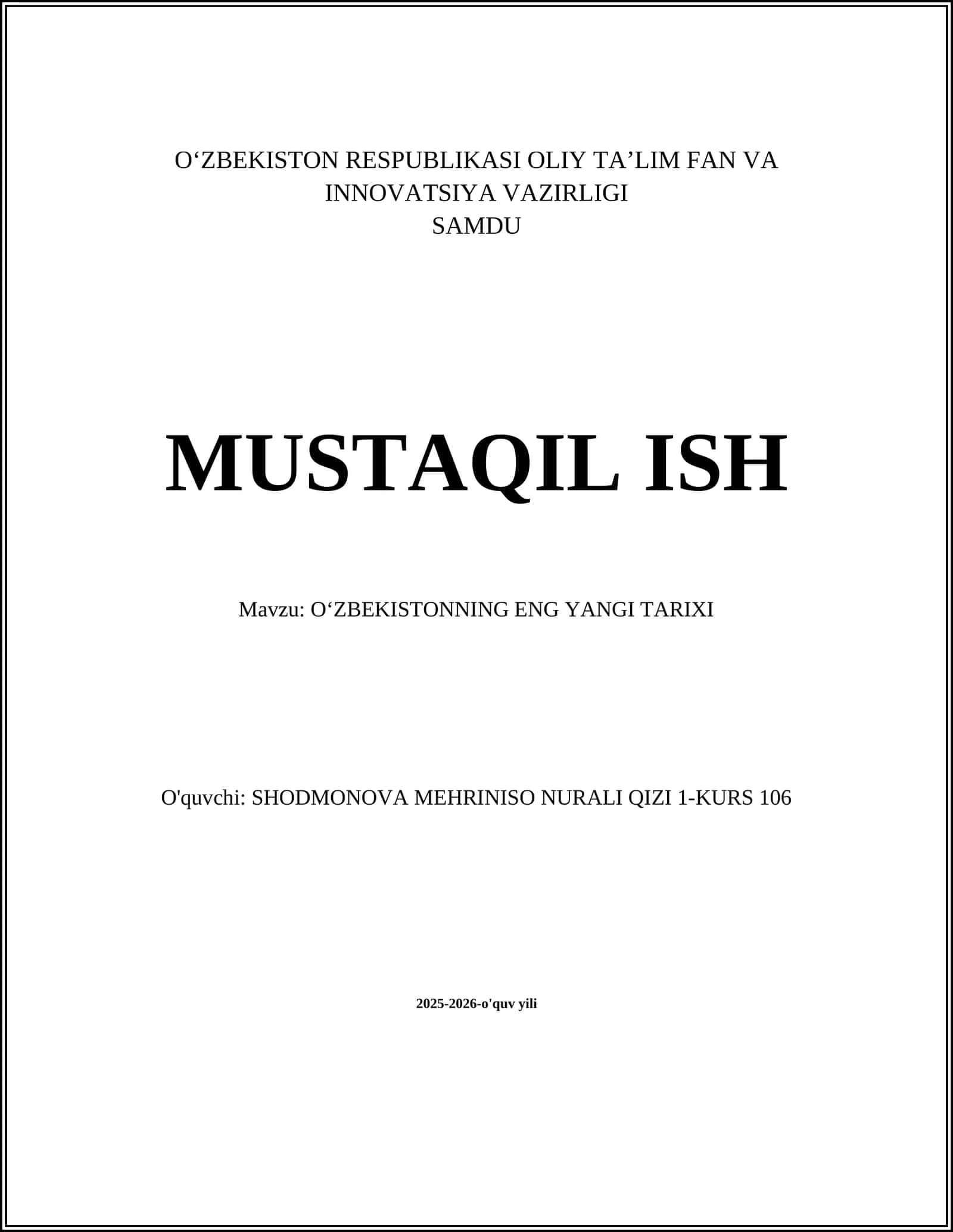 OʻZBEKISTONNING ENG YANGI TARIXI