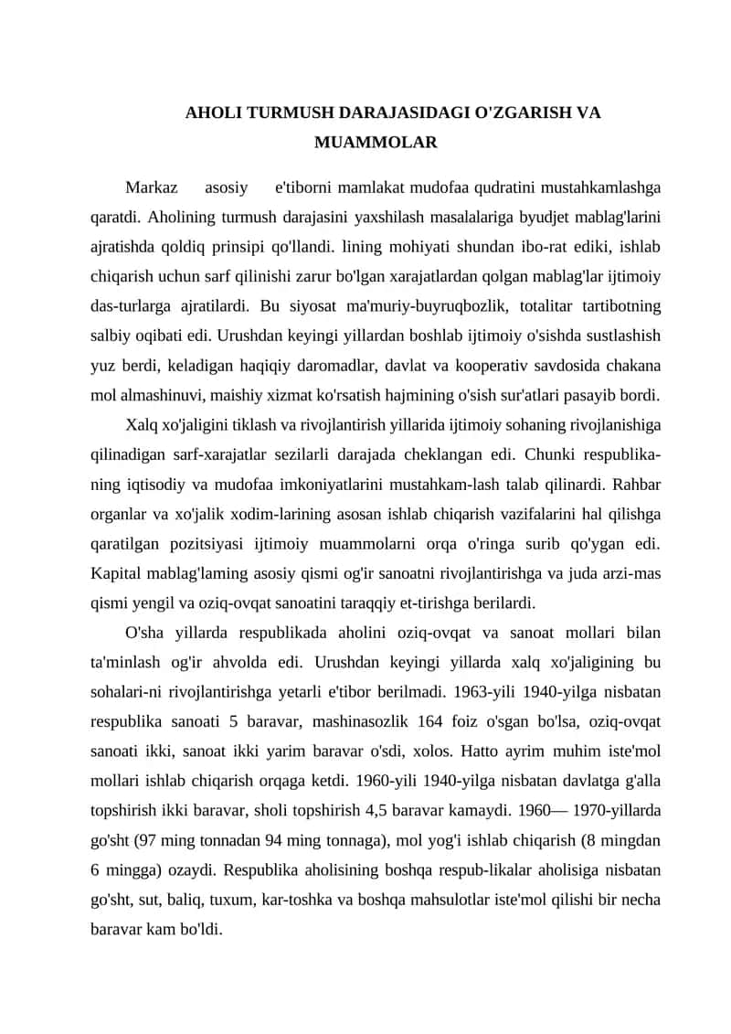 AHOLI TURMUSH DARAJASIDAGI O'ZGARISH VA MUAMMOLAR
