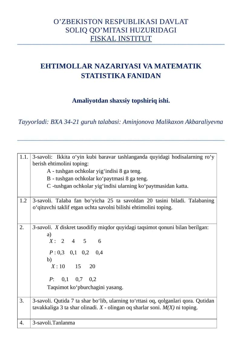EHTIMOLLAR NAZARIYASI VA MATEMATIK STATISTIKA FANI