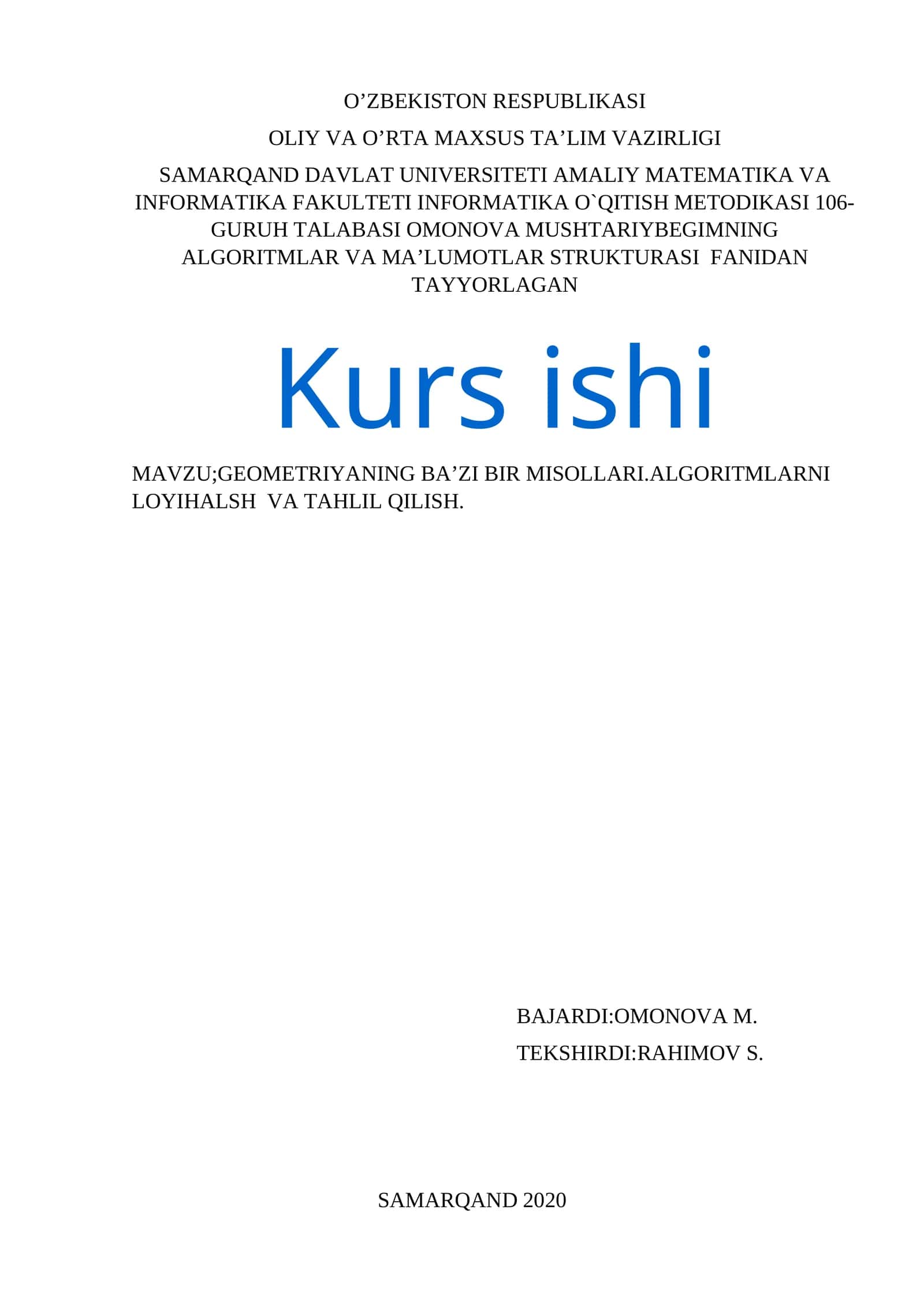 GEOMETRIYANING BA’ZI BIR MISOLLARI.ALGORITMLARNI LOYIHALSH VA TAHLIL QILISH