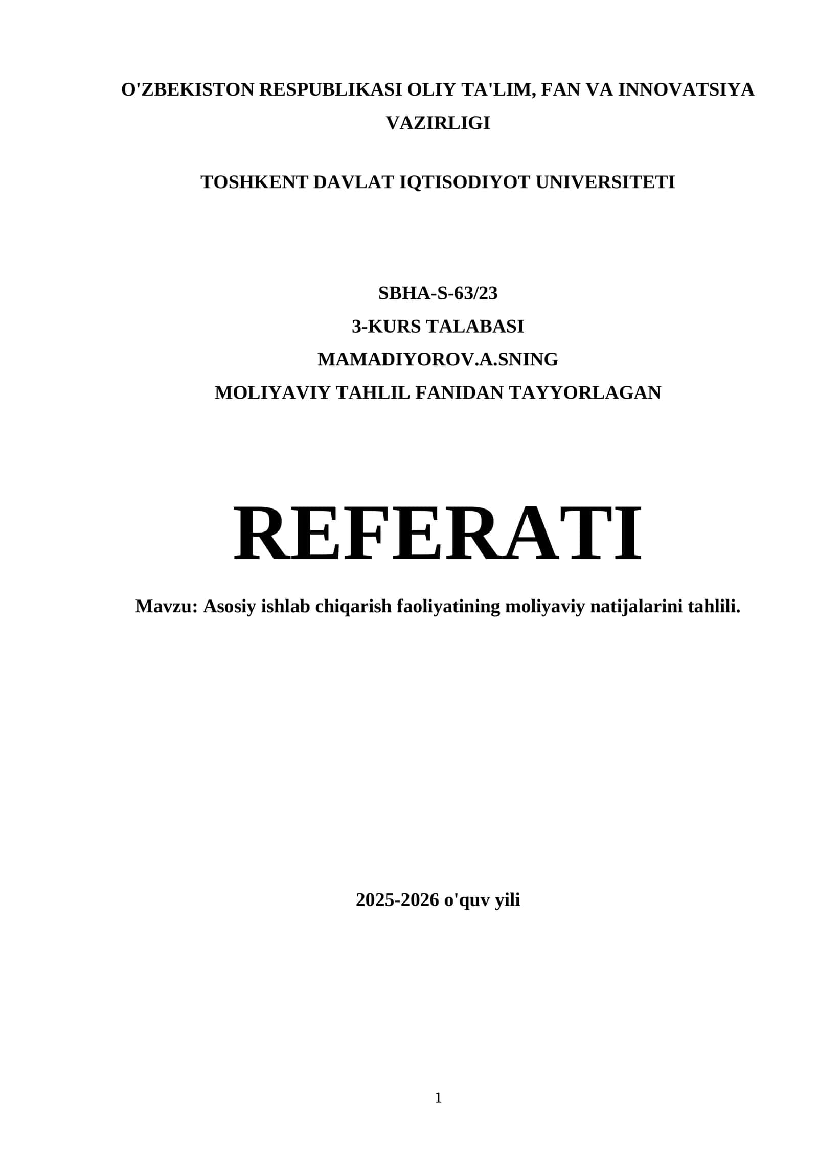 Asosiy ishlab chiqarish faoliyatining moliyaviy natijalarini tahlili