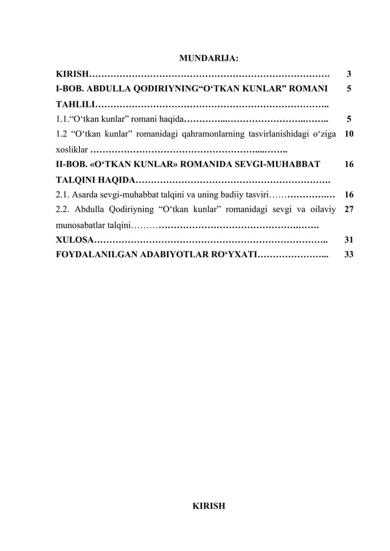 “O‘tgan kunlar” romanida sevgi-muhabbat talqini