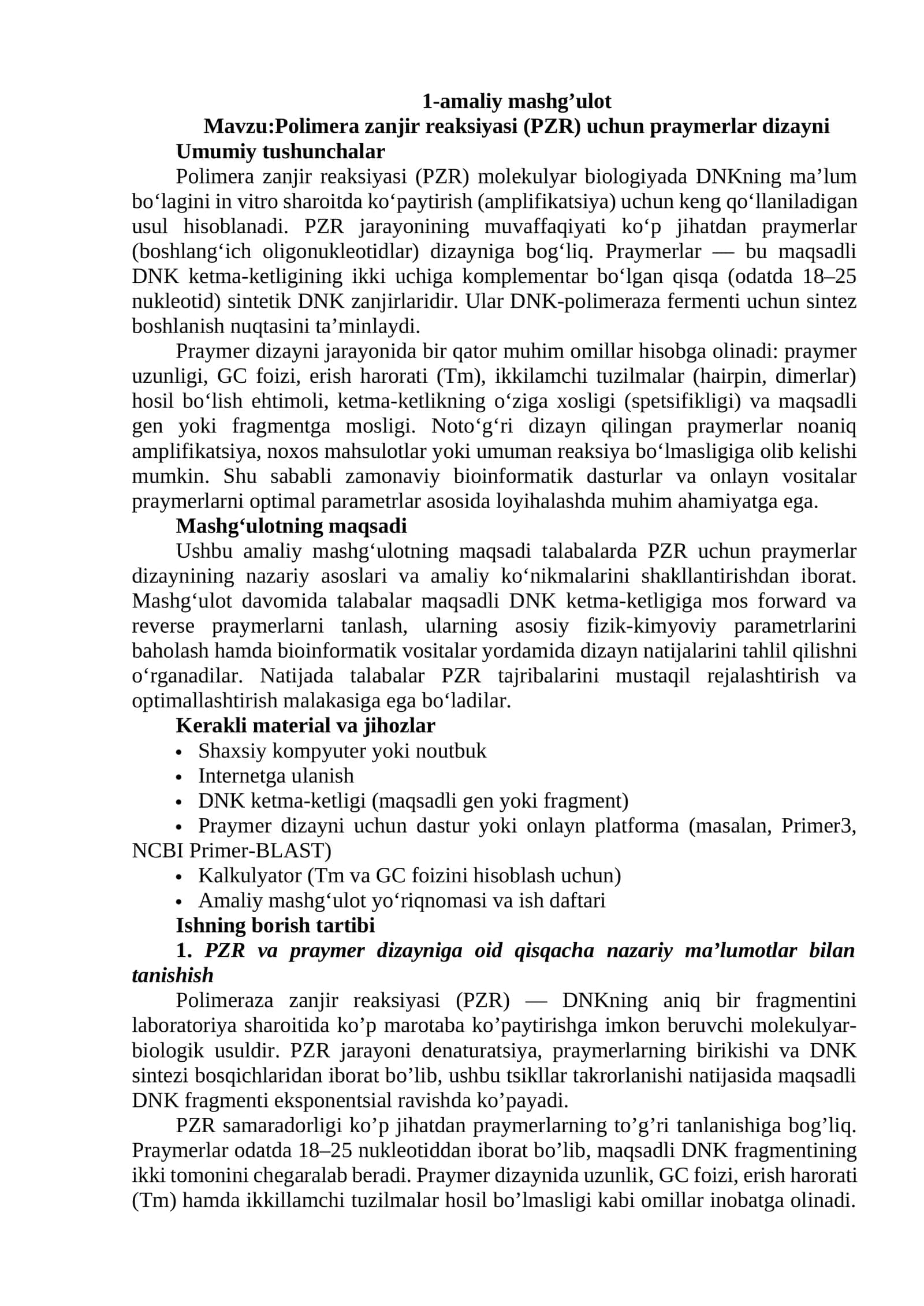 Polimera zanjir reaksiyasi (PZR) uchun praymerlar dizayni