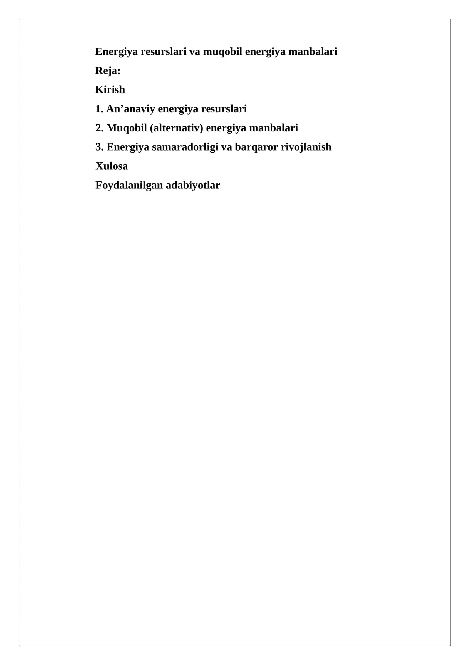Energiya resurslari va muqobil energiya manbalari