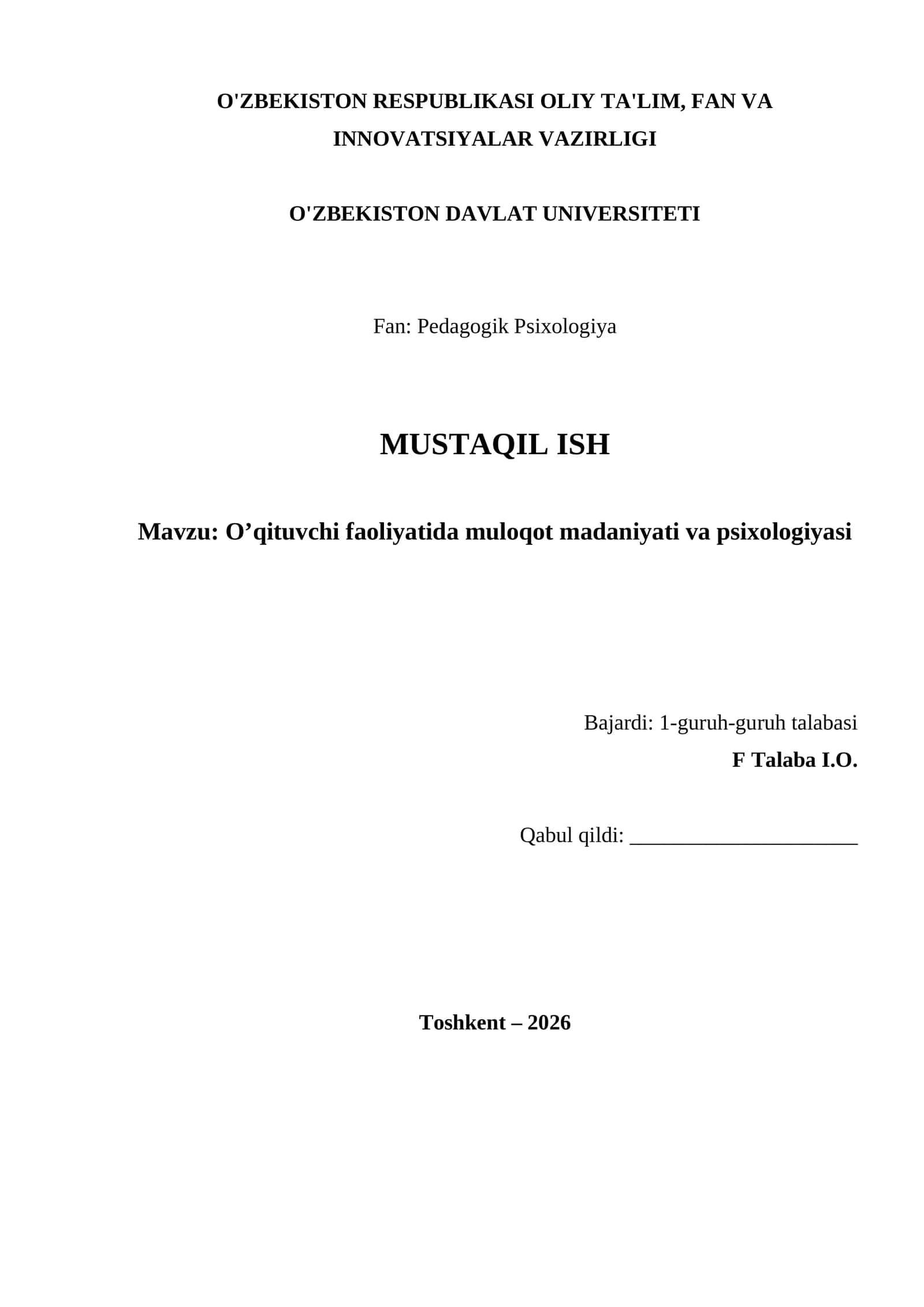 O’qituvchi faoliyatida muloqot madaniyati va psixologiyasi