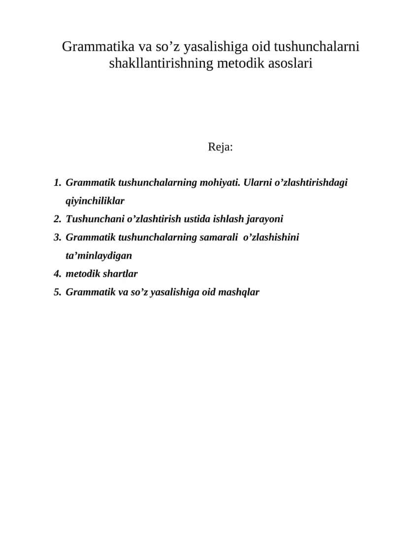 Grammatika va so’z yasalishiga oid tushunchalarni shakllantirishning metodik asoslari