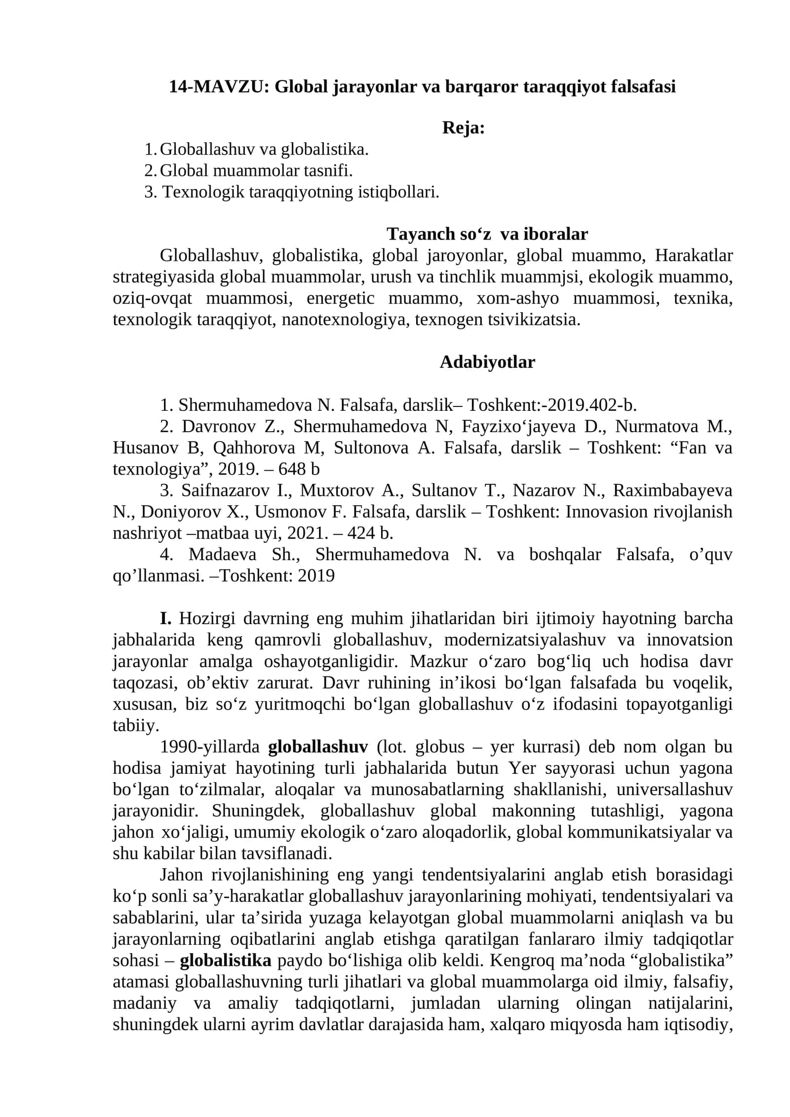 Global jarayonlar va barqaror taraqqiyot falsafasi