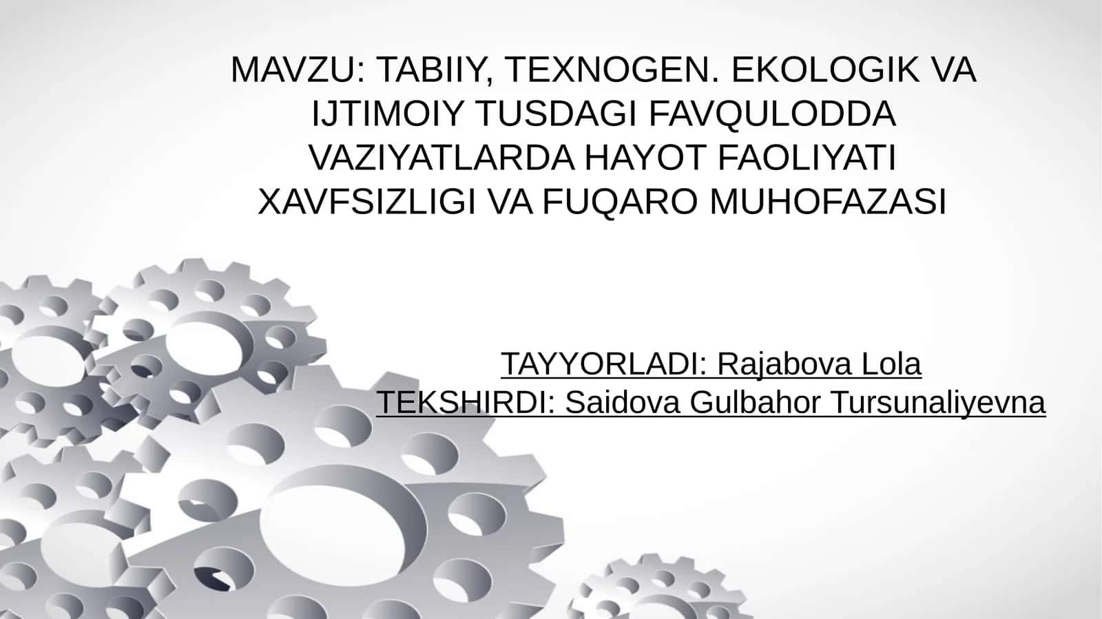 TABIIY, TEXNOGEN. EKOLOGIK VA IJTIMOIY TUSDAGI FAVQULODDA VAZIYATLARDA HAYOT FAOLIYATI XAVFSIZLIGI VA FUQARO MUHOFAZASI