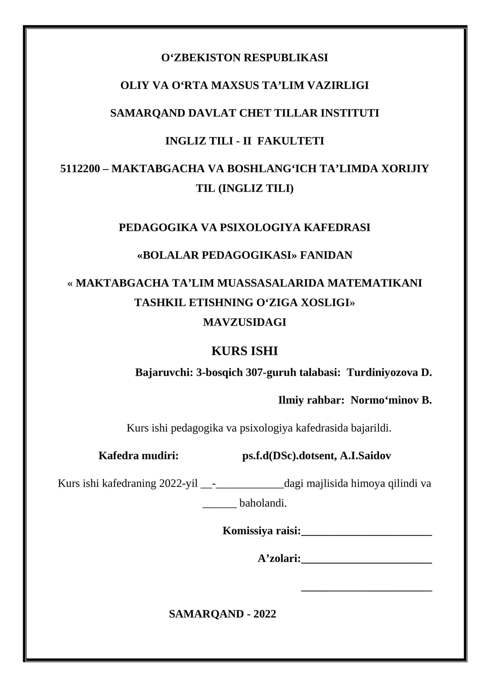 MAKTABGACHA TA’LIM MUASSASALARIDA MATEMATIKANI TASHKIL ETISHNING O‘ZIGA XOSLIGI