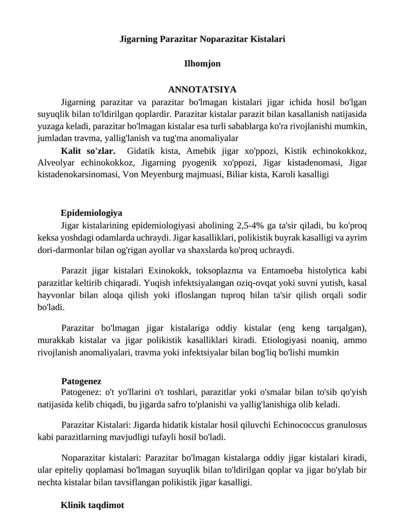 Jigarning Parazitar Noparazitar Kistalari