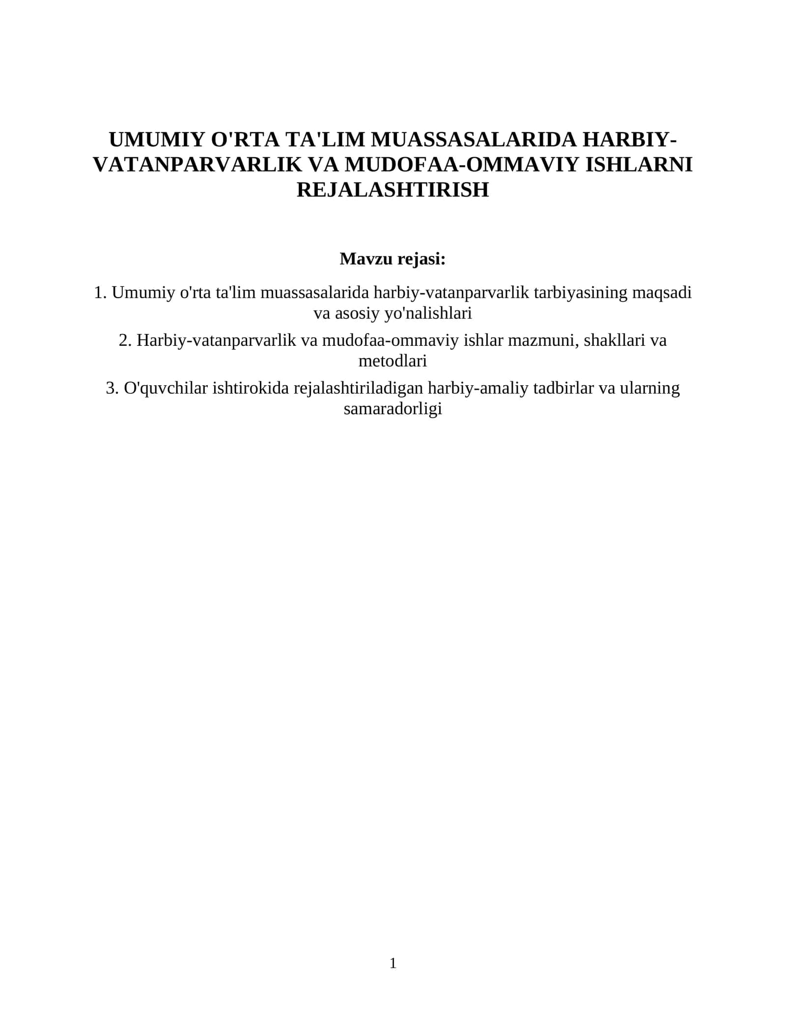 Umumiy O'rta Ta'lim Muassasalarida Harbiy-Vatanparvarlik va Mudofaa-Ommaviy Ishlarni Rejalashtirish