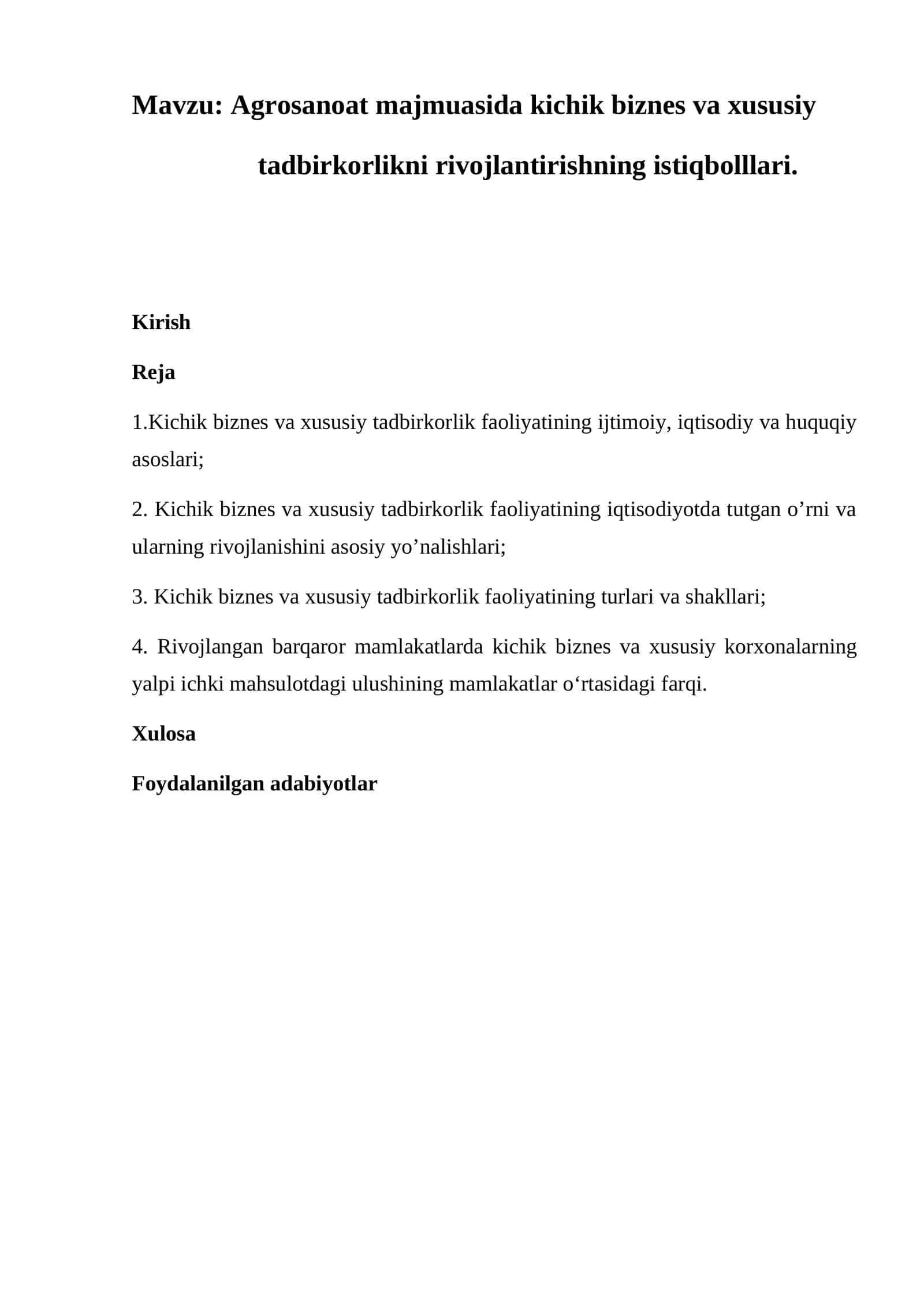 Agrosanoat majmuasida kichik biznes va xususiy tadbirkorlikni rivojlantirishning istiqbolllari