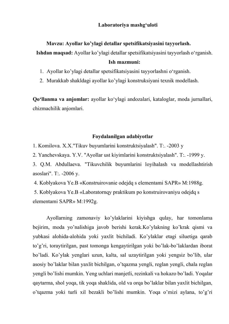 Ayollar ko’ylagi detallar spetsifikatsiyasini tayyorlash.