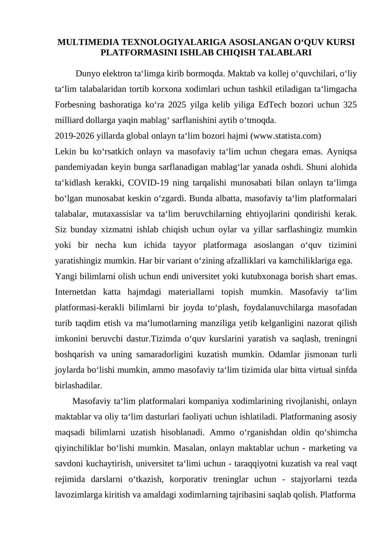 MULTIMEDIA TEXNOLOGIYALARIGA ASOSLANGAN O‘QUV KURSI PLATFORMASINI ISHLAB CHIQISH TALABLARI