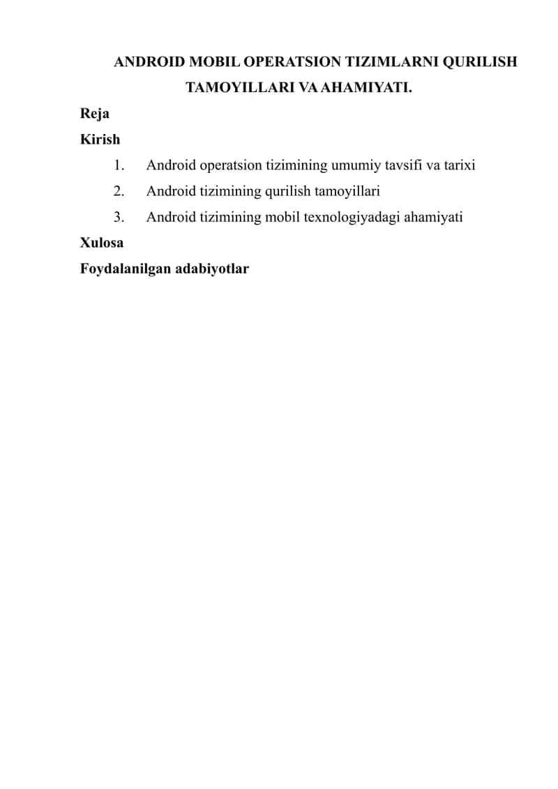 Android Mobil Operatsion Tizimlarni Qurilish Tamoyillari va Ahmiyat