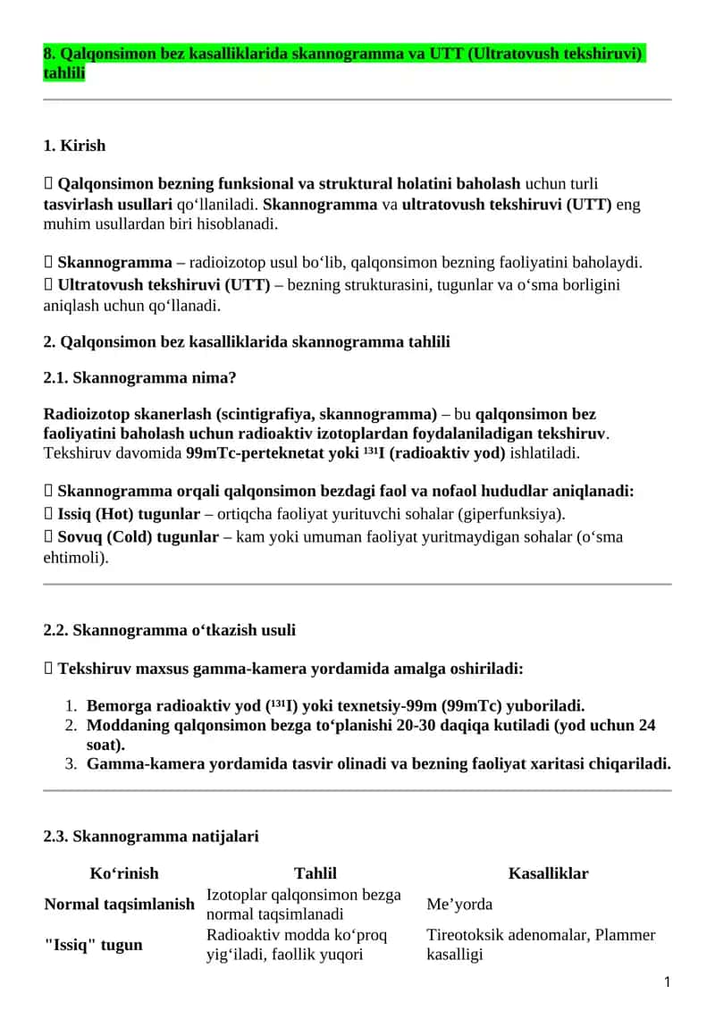 Qalqonsimon bez kasalliklarida skannogramma va UTT (Ultratovush tekshiruvi) tahlili