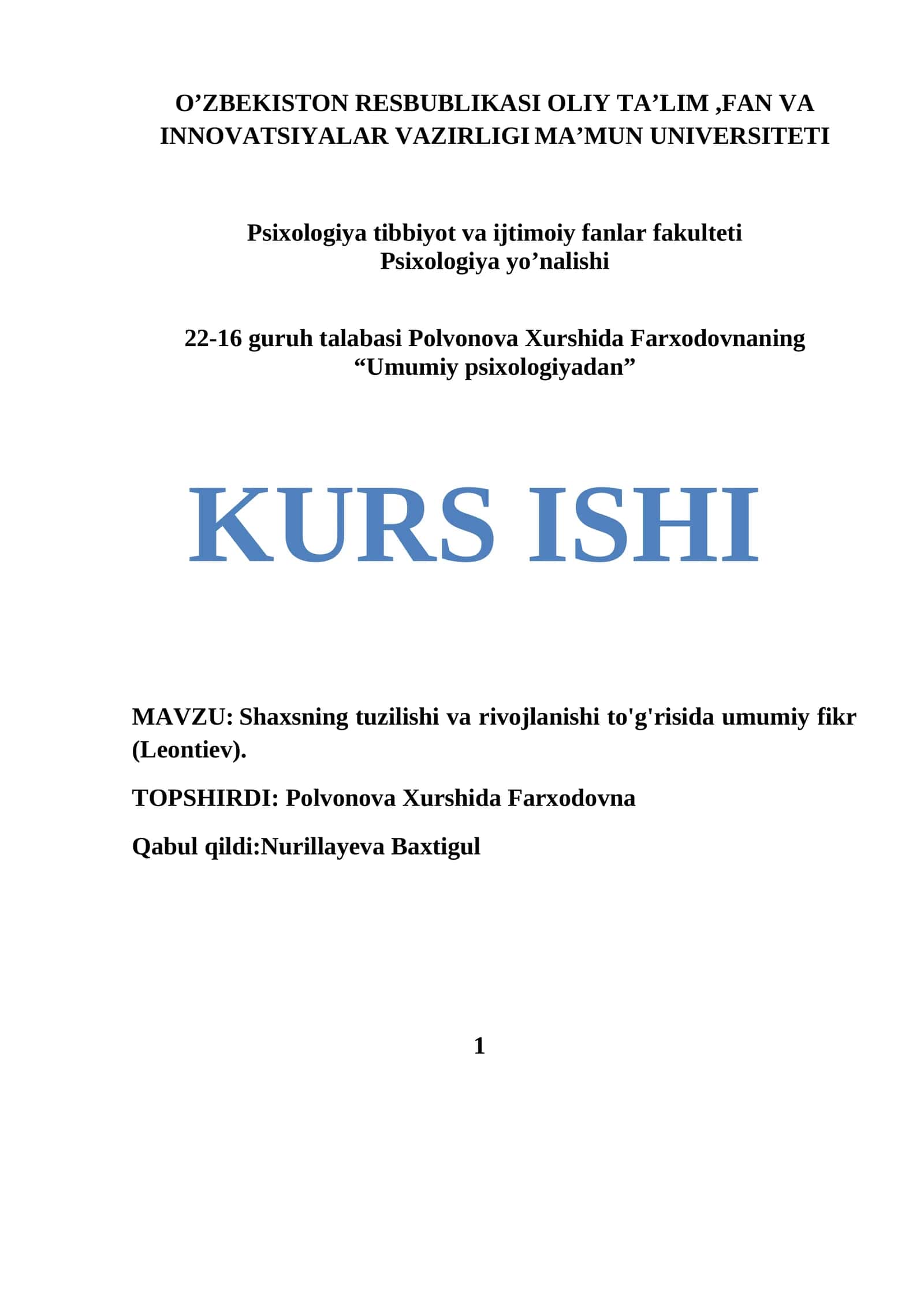 Shaxsning tuzilishi va rivojlanishi to'g'risida umumiy fikr (Leontiev)