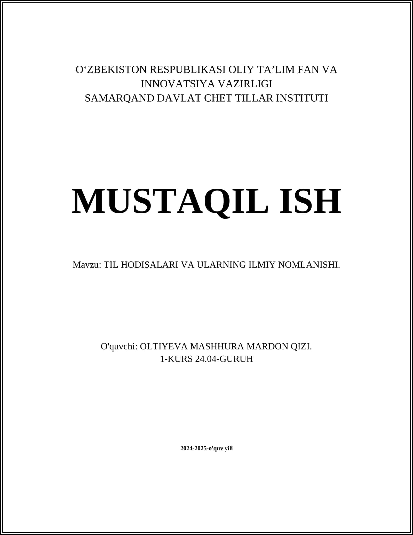 TIL HODISALARI VA ULARNING ILMIY NOMLANISHI