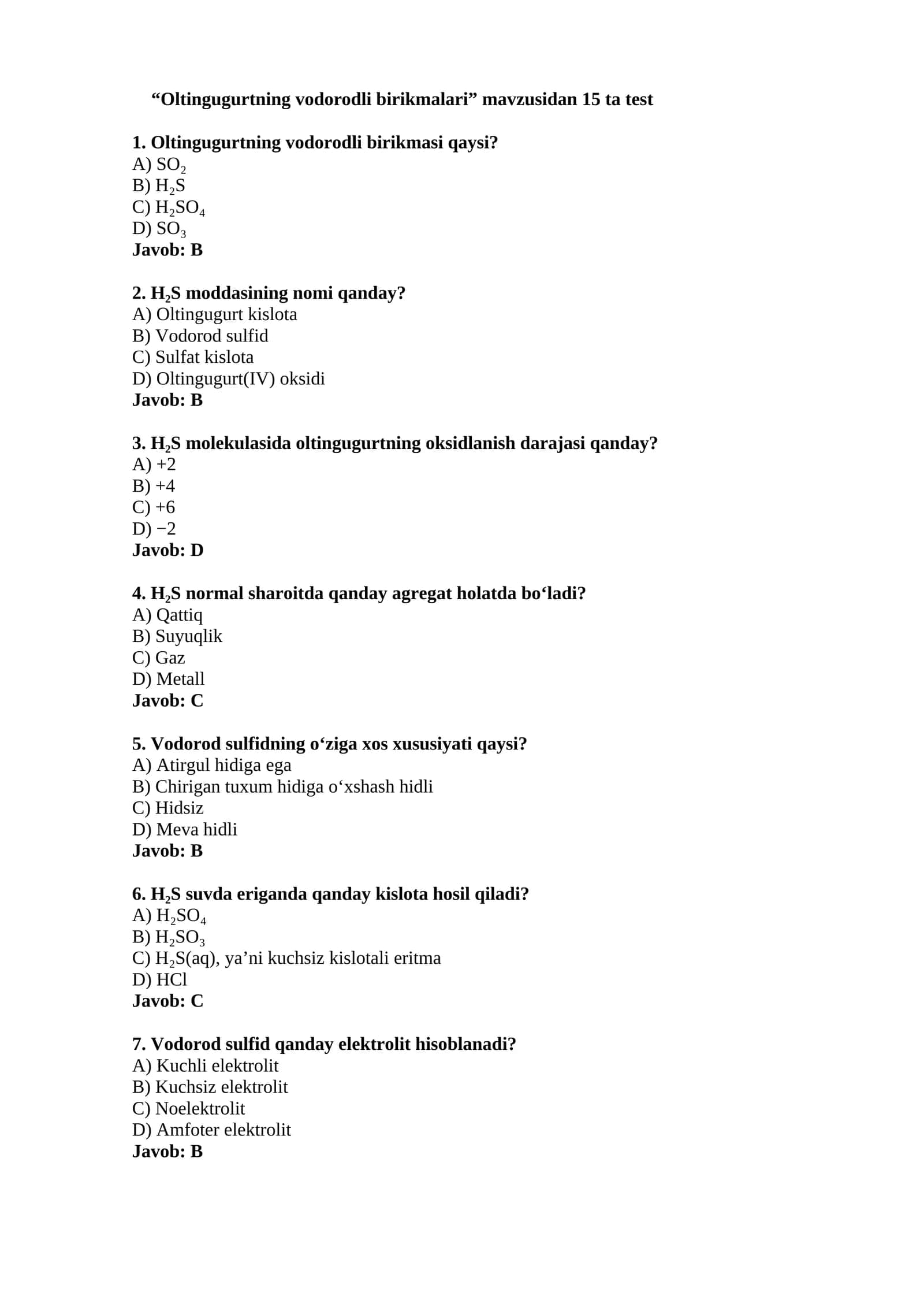 Oltingugurtning vodorodli birikmalari
