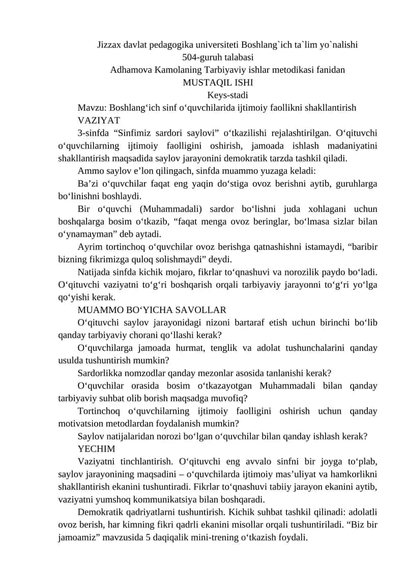 Adhamova Kamolaning Tarbiyaviy ishlar metodikasi fanidan