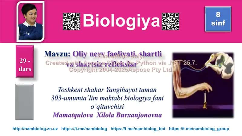 Biologiya darsi (Oliy nerv faoliyati, shartli va shartsiz reflekslar)