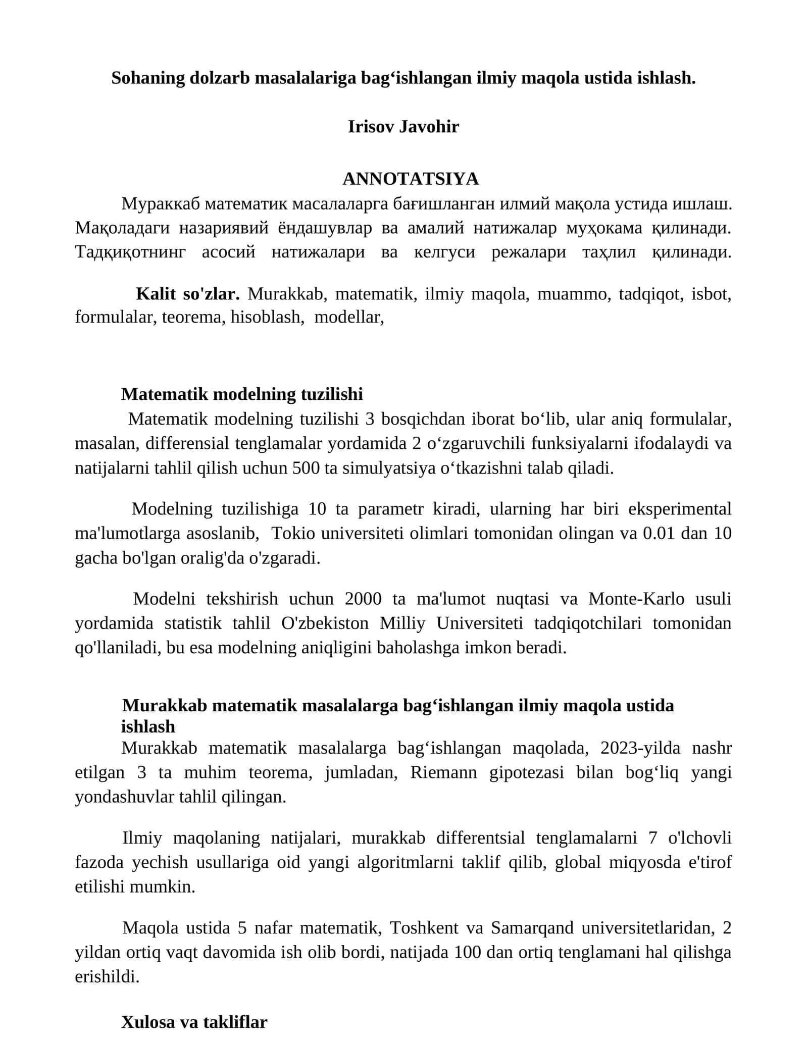 Matematik modelning tuzilishi