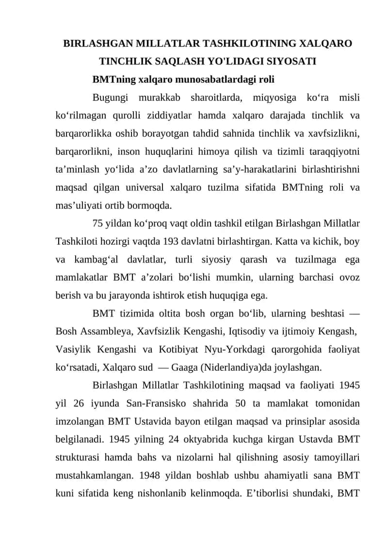BIRLASHGAN MILLATLAR TASHKILOTINING XALQARO TINCHLIK SAQLASH YO'LIDAGI SIYOSATI