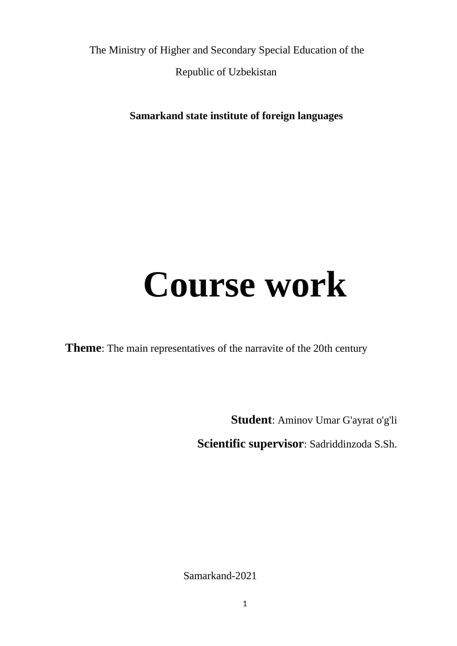 Course work on 20th Century Literary Narratives