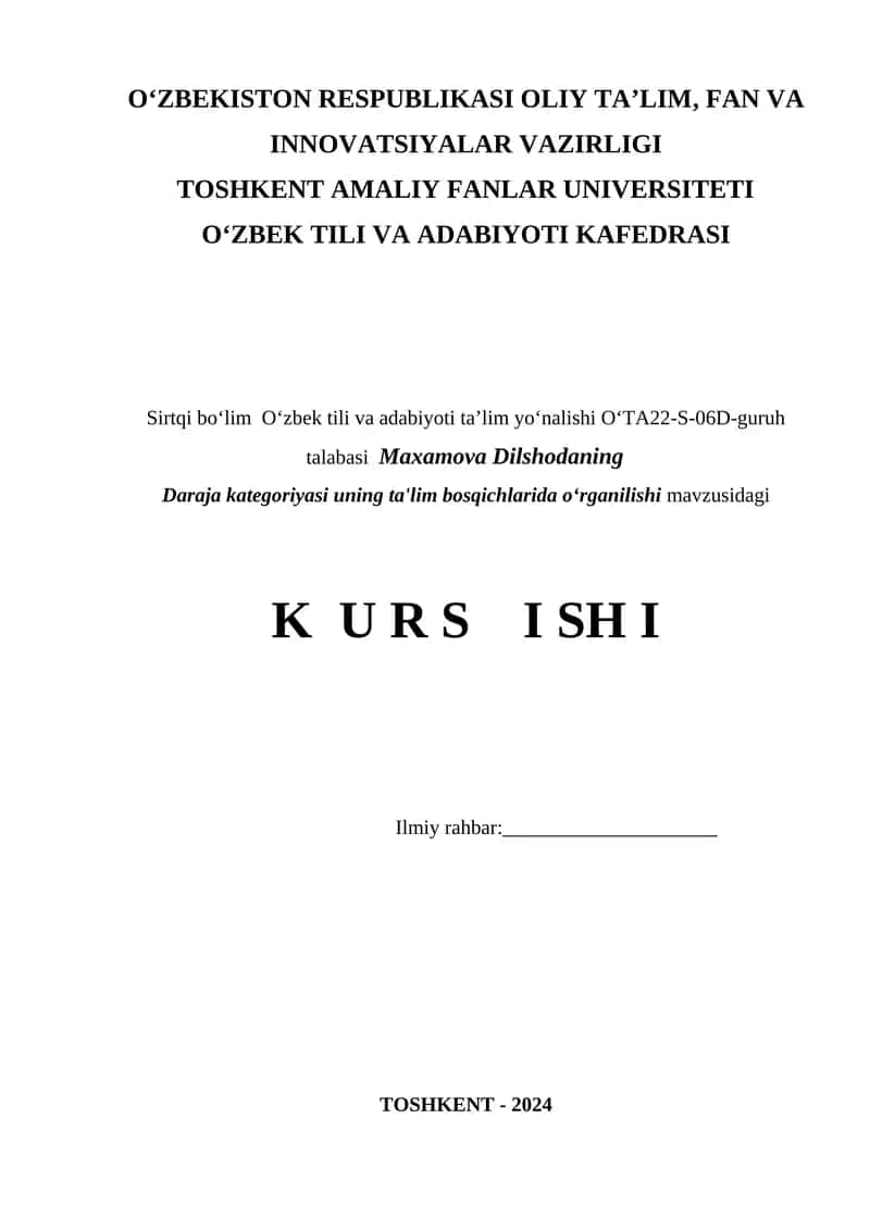 O‘zbek Tili va Adabiyoti Kafedrasi Kurs Ishi
