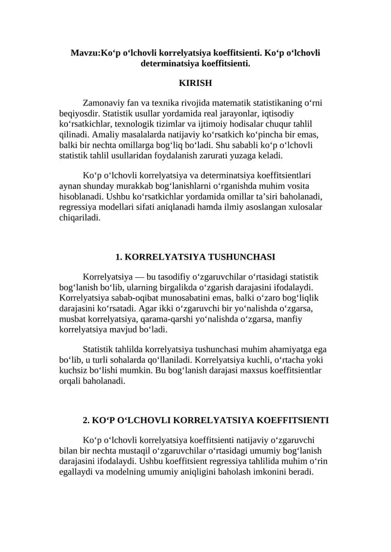Ko‘p o‘lchovli korrelyatsiya va determinatsiya koeffitsienti