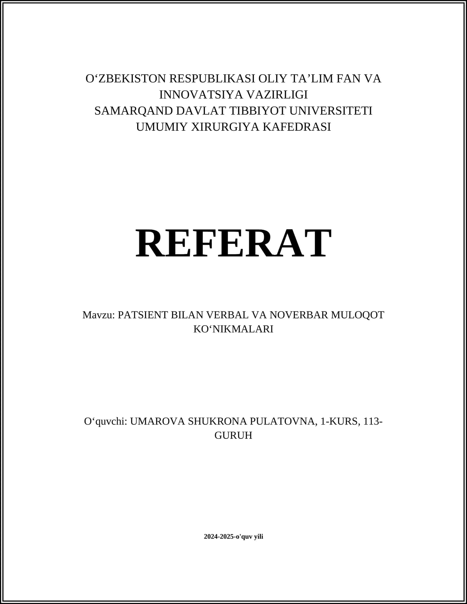 PATSIENT BILAN VERBAL VA NOVERBAR MULOQOT KOʻNIKMALARI