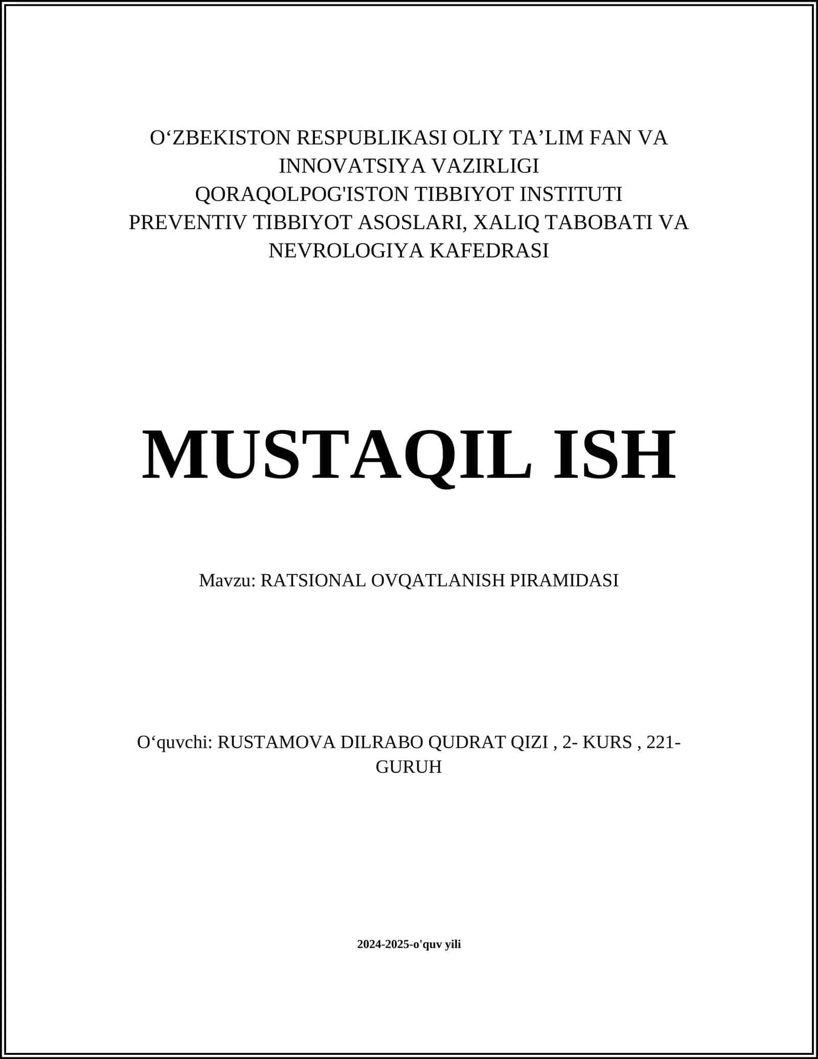 RATSIONAL OVQATLANISH PIRAMIDASI