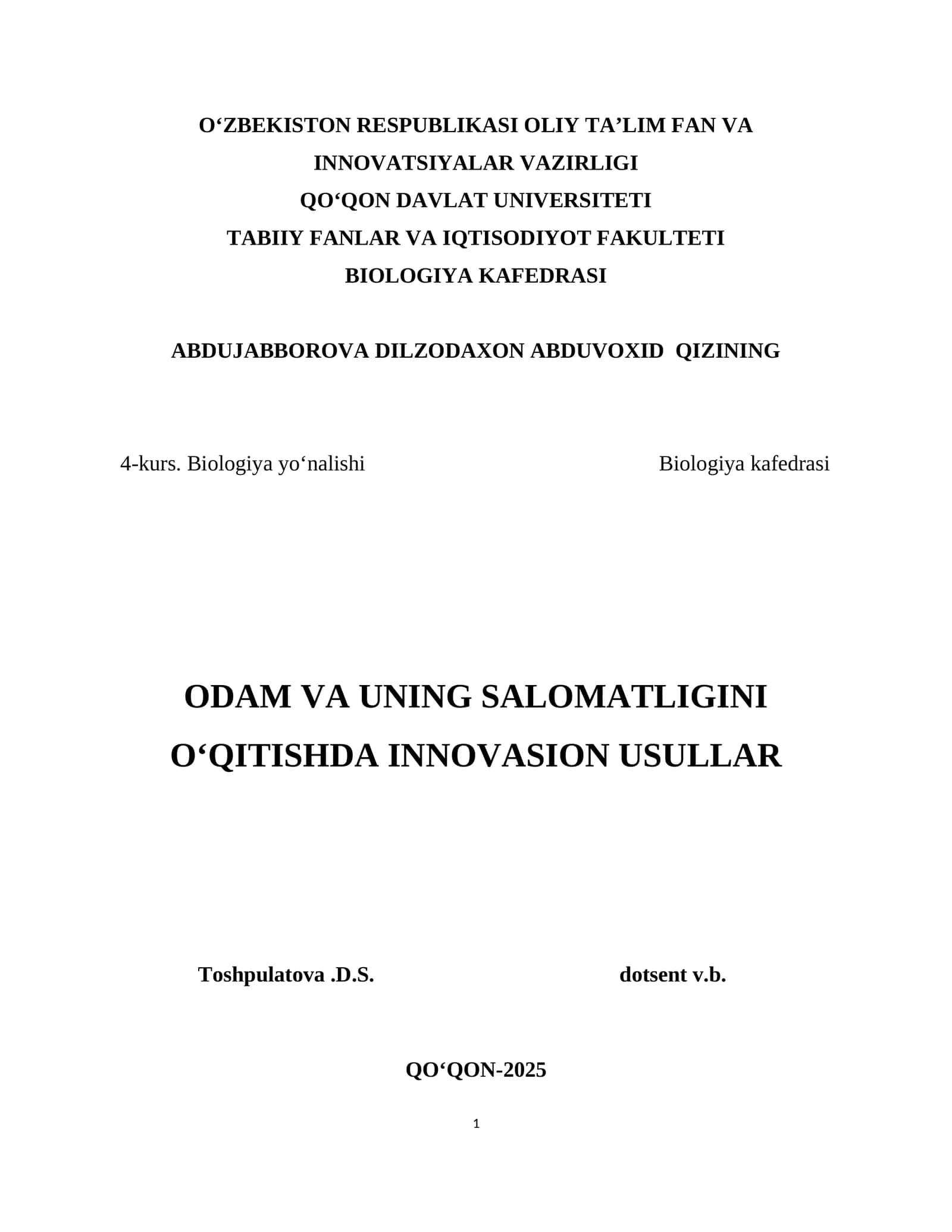Odam va uning Salomatligi fanini oʻqitishning innovatsion usullari