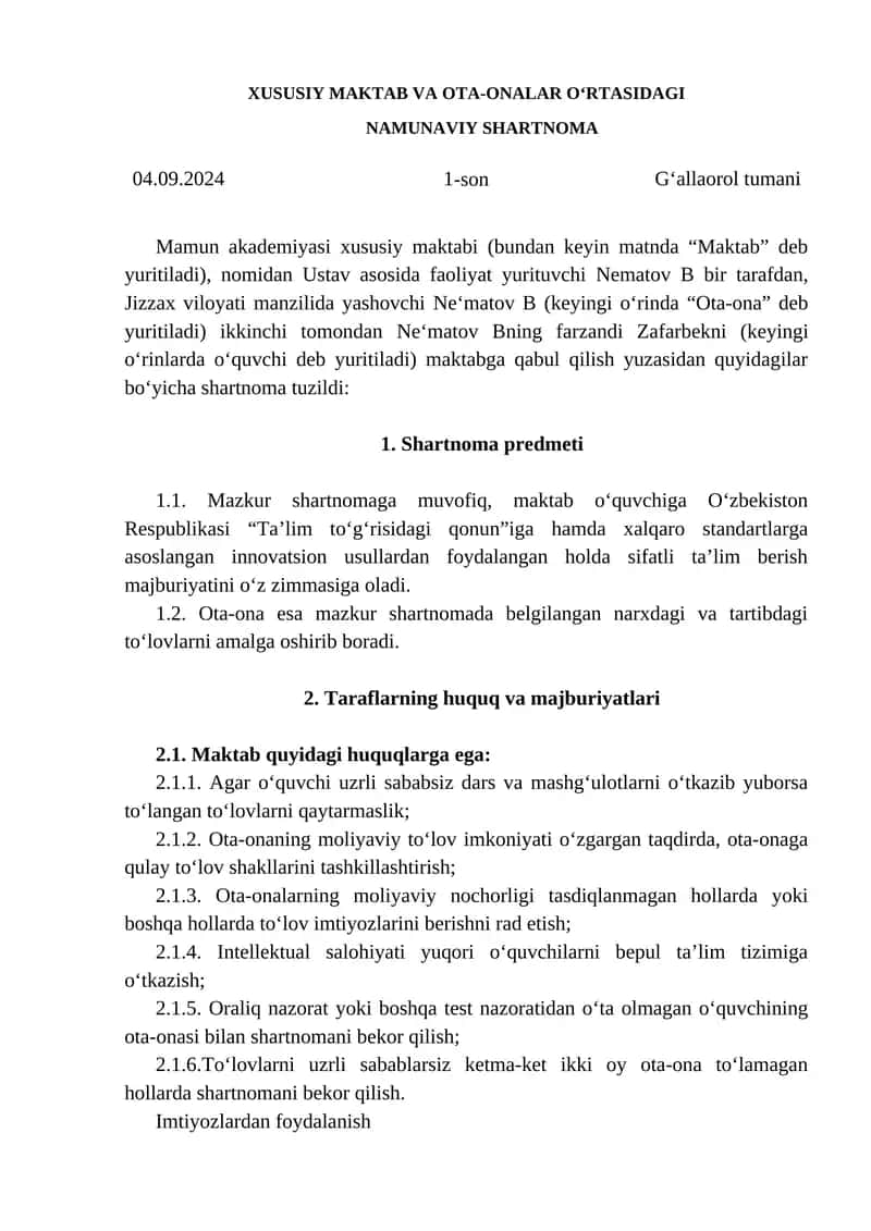XUSUSIY MAKTAB VA OTA-ONALAR OʻRTASIDAGI NAMUNAVIY SHARTNOMA