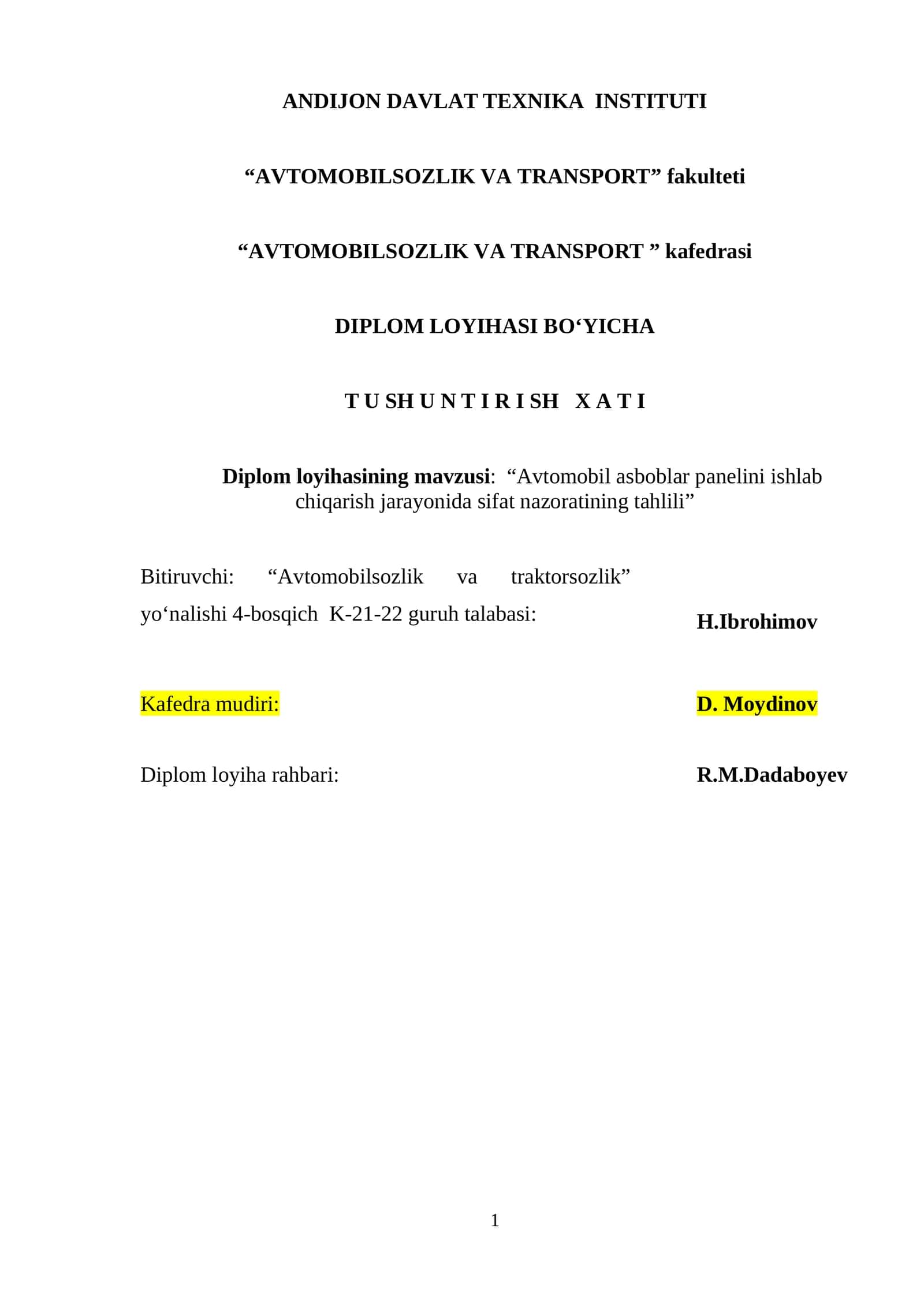 "DIPLOM LOYIHASI BO'YICHA TUSHUNTIRISH XATI"