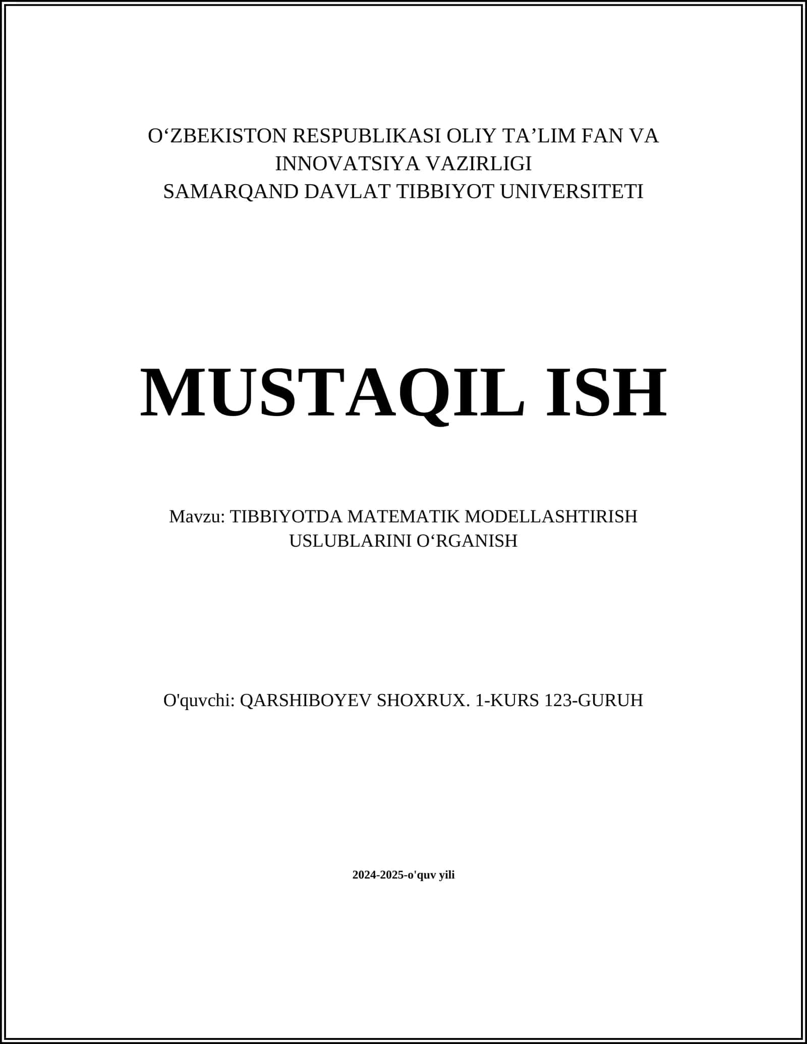 TIBBIYOTDA MATEMATIK MODELLASHTIRISH USLUBLARINI OʻRGANISH