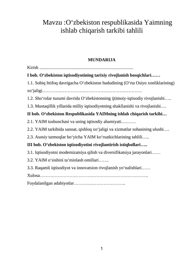 Oʻzbekiston respublikasida Yaimning ishlab chiqarish tarkibi tahlili
