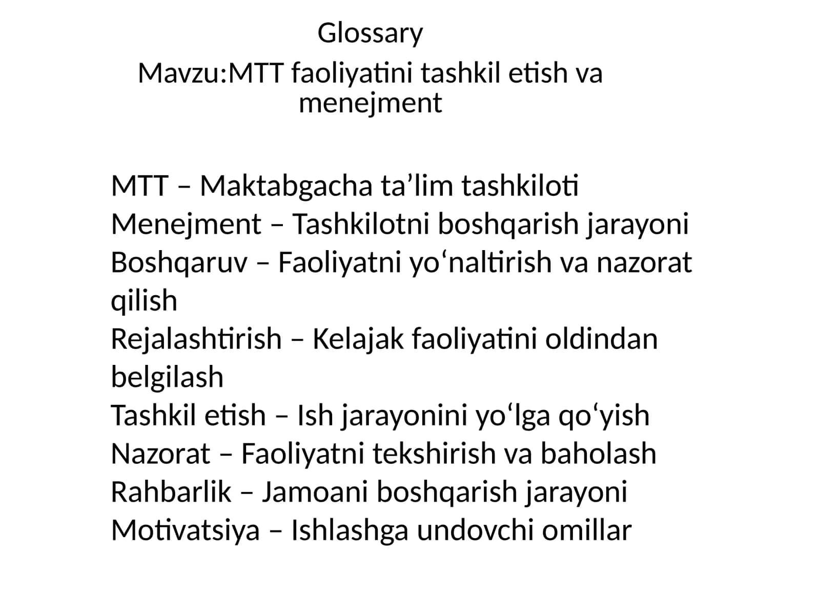 MTT faoliyatini tashkil etish va menejment