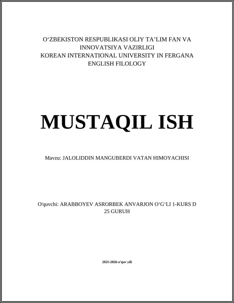 JALOLIDDIN MANGUBERDI VATAN HIMOYACHISI