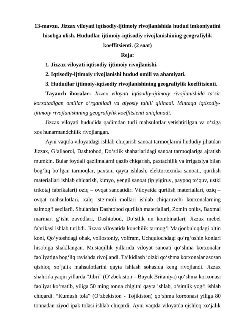 Jizzax Viloyati Iqtisodiy-Ijtimoiy Rivojlanish
